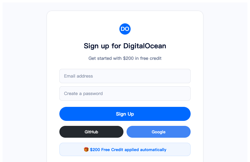 DigitalOcean sign up page with $200 free credit