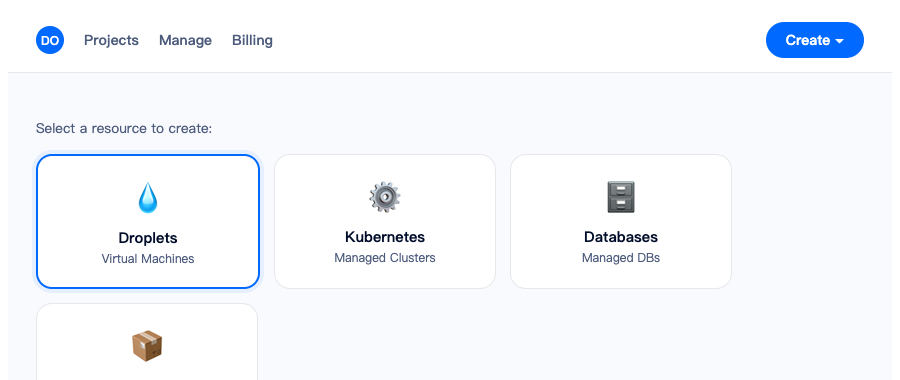 DigitalOcean dashboard - Create Droplet button